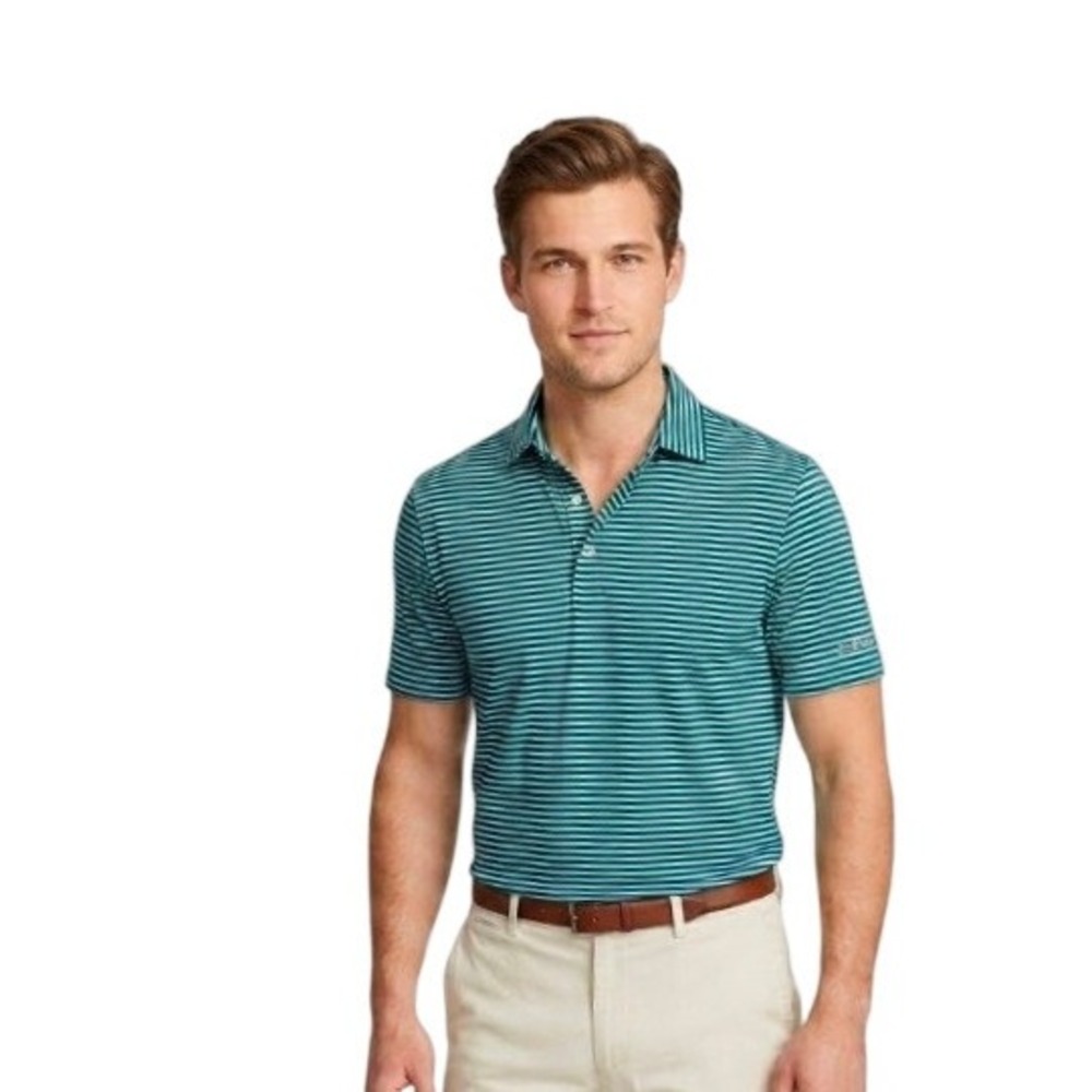 RLX Ralph Lauren Green Blue Striped Polo Shirt Size L Golf Wicking Performance